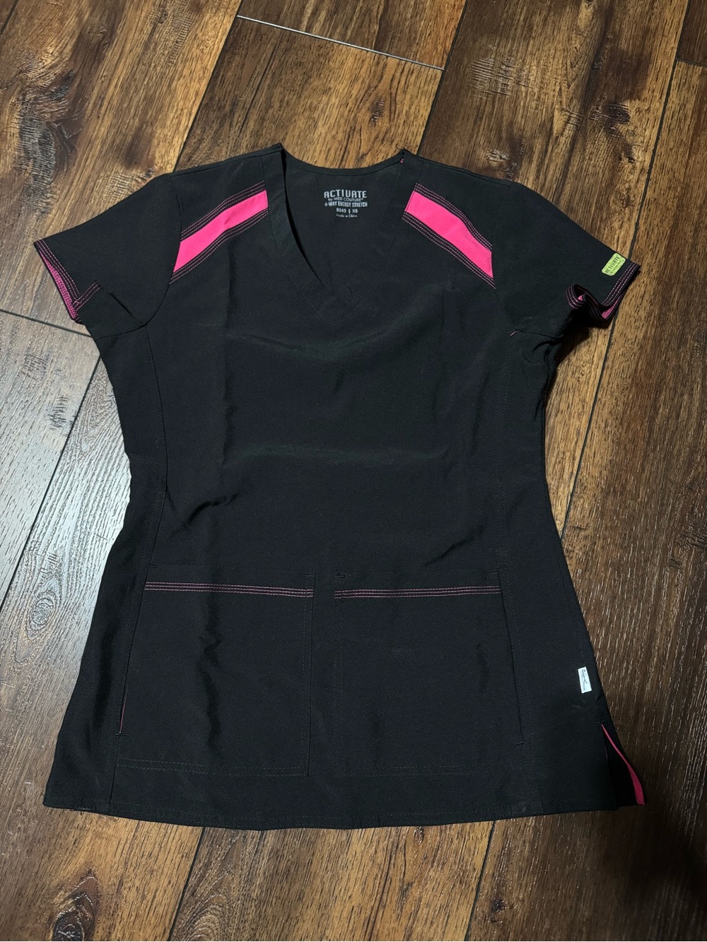 Women's Black V-Neck Scrub Top with Pink Accents
